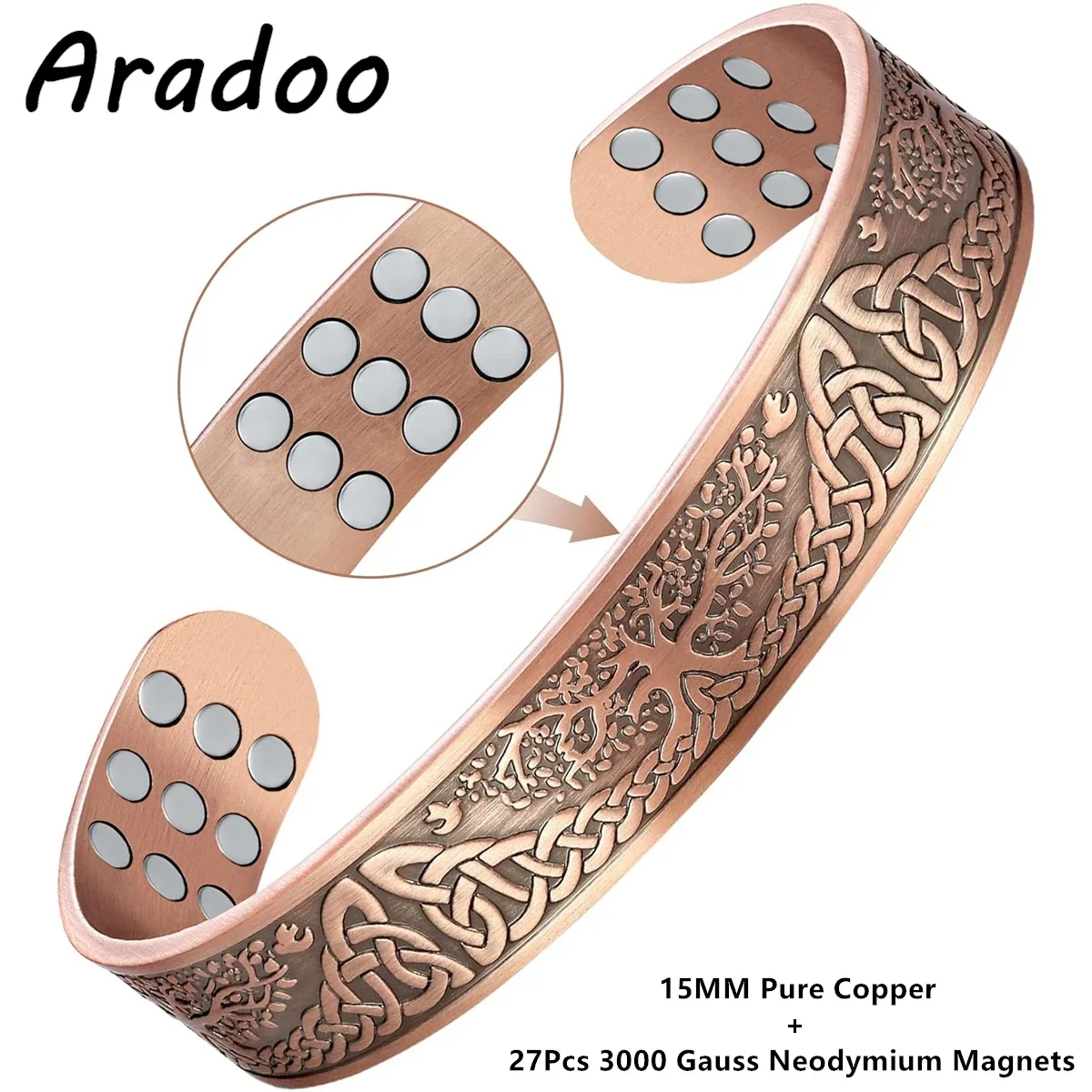 ARADOO Life Tree Pure Copper 27Pcs Neodymium Magnets Bracelets Copper Bangle Jewelry Gifts