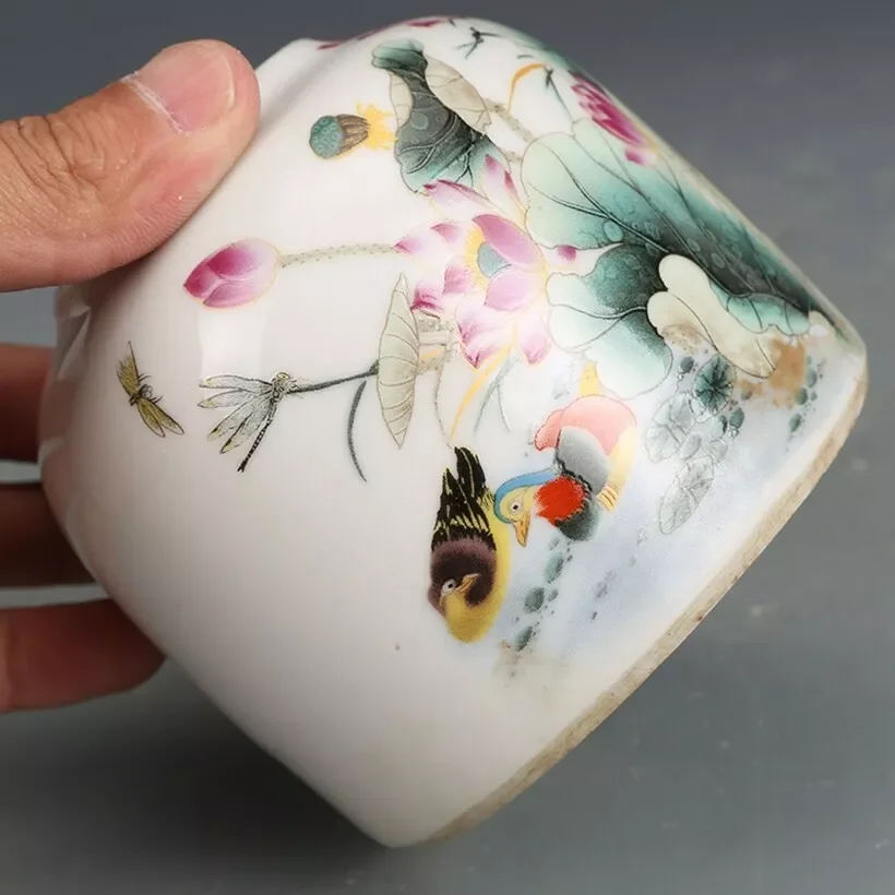Old Chinese Porcelain Color Hand Painted Lotus Mandarin Duck Pots Pen Wash