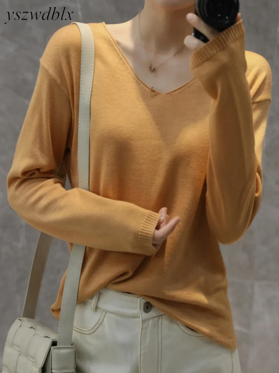 YSZWDBLX Womens Pullovers Sweater Solid Bottoming Shirt V-neck Knitwear Spring Autumn 2024 Basic Korean Sweater Jumpers