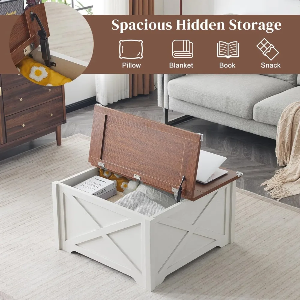 Square Coffee Table with Storage, Farmhouse Rustic White Coffee Tables for Living Room, Wood Center Table with Hinged Lifting