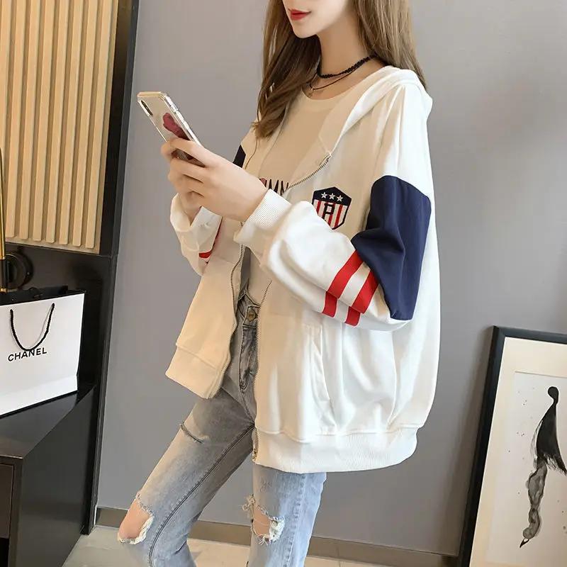 Women Clothing Casual Streetwear Harajuku Y2K Zipper Hooded Sweatshirts Contrast Color Striped Long Sleeve Pockets Hoodie Jacket