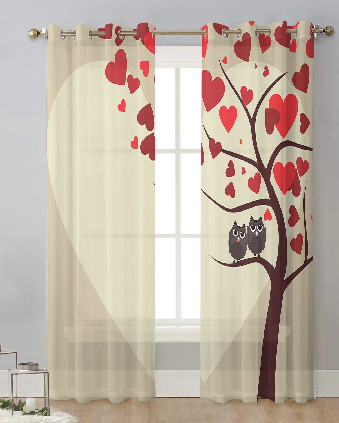 Owl Branch Love Heart Tulle Curtain for Living Room Bedroom Modern Sheer Curtains Transparent Window Curtain