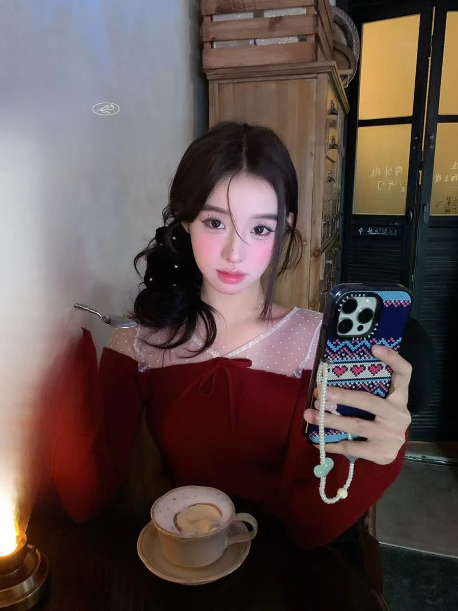 

Женский вязаный свитер Sinbounboun Polka Dot Me Splice Knot с V-образным вырезом, красный, на Новый год, свободный крой, класса люкс