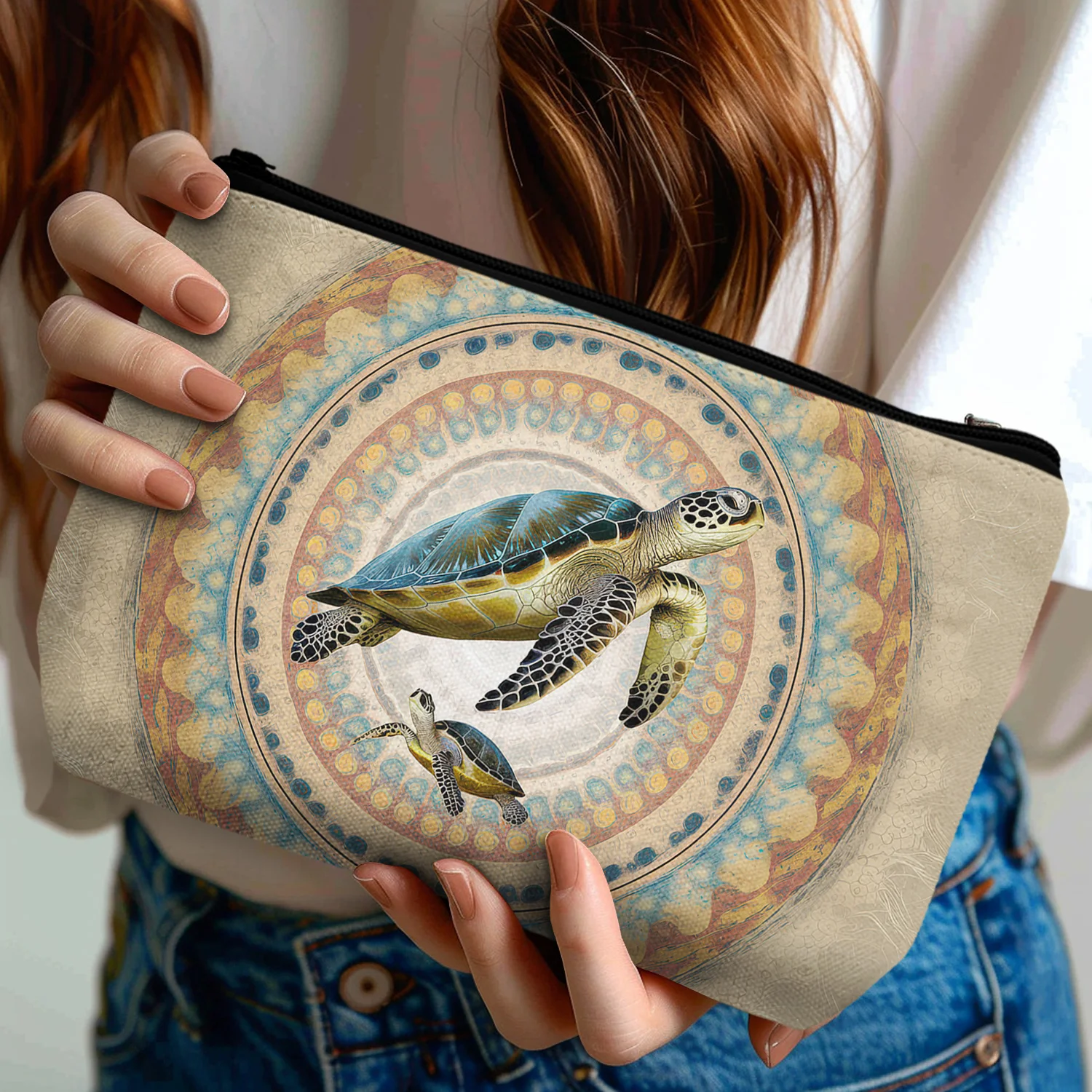 1Pc Turtle Pattern Cosmetic Bag Ethnic Style Circle Multifunctional Portable Cosmetic Bag Suitable For Daily Cosmetics Storage