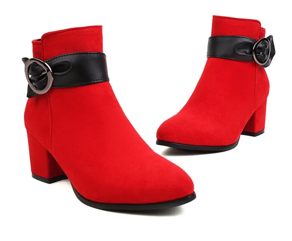 Spring Autumn Winter Faux Suede Flock Ankle Boots Women Fashion High Heels Belt Buckle Short Boots 35-43 Red Pary Wedding Shoes