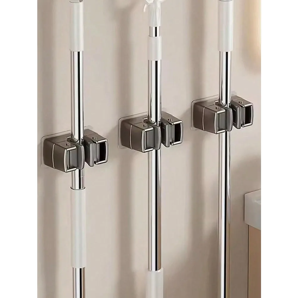 

1/3pcs Wall Mounted Mop And Broom Holder, Contemporary Style Plastic Organizer Clamp, No-Drill Strong Adhesive Storage Solution For Bathroom And Kitchen, Utility Hooks