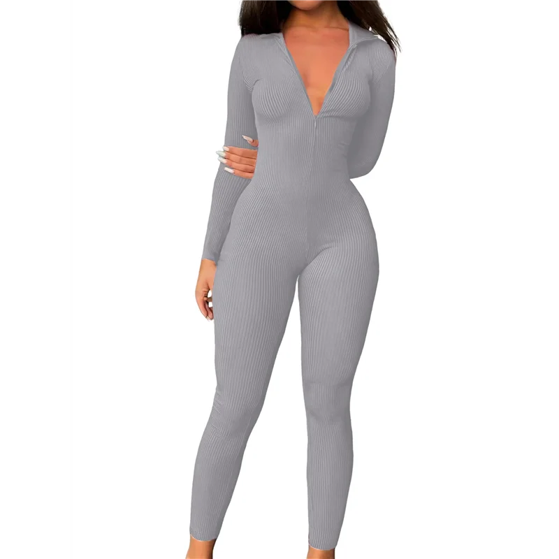 

ABP-Women Long Sleeve Ribbed Jumpsuit Zip Up Front Workout Bodycon Romper