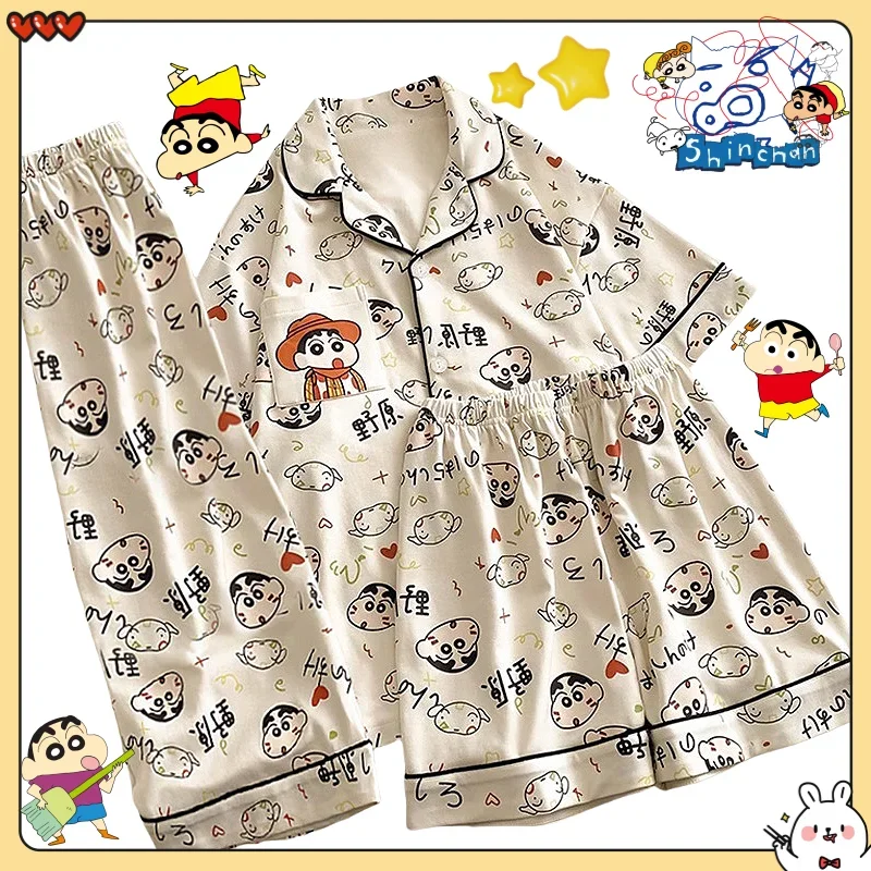 Soft Crayon Boy Shin C-Chan Staycation Pajama Set Cute Cartoon Spring and Autumn Three-piece Set Girls Fashion Short Sleeves