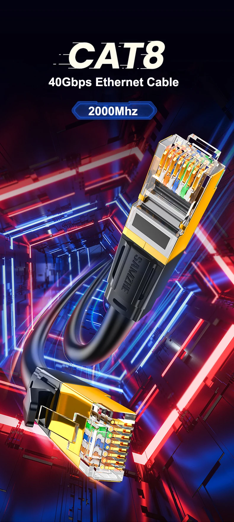 Samzhe Cat8 Ethernet-Kabel SFTP 40 Gbit/s 2000 MHz RJ45-Netzwerkkabel Vergoldeter Anschluss für Router-Modem CAT8/7/6 LAN-Kabel – Detail 1