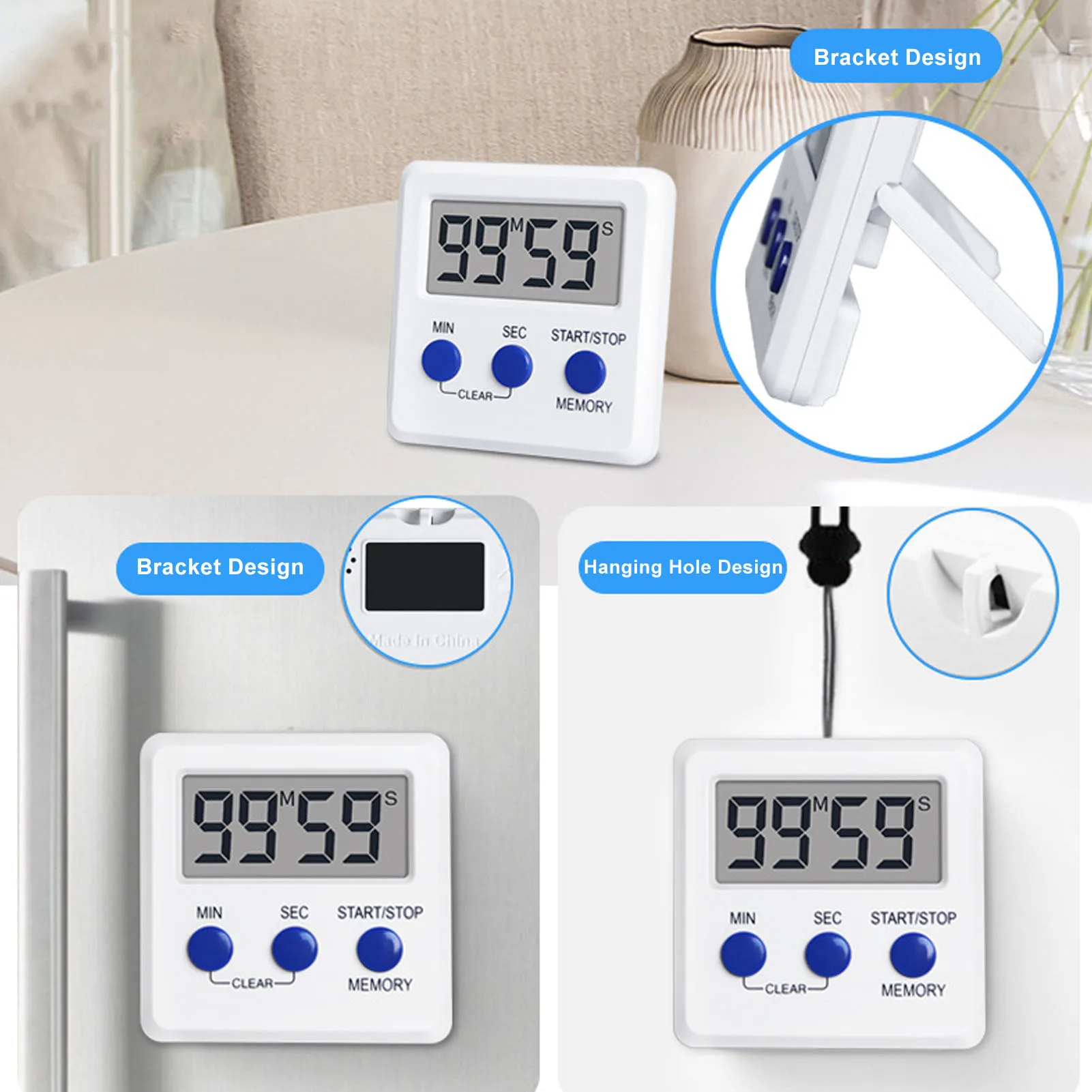 LCD Digital Timer with Backlight and Magnet for Home Kitchen Use, Portable Digital Timer with Loud Alarm Multi-Placement Options