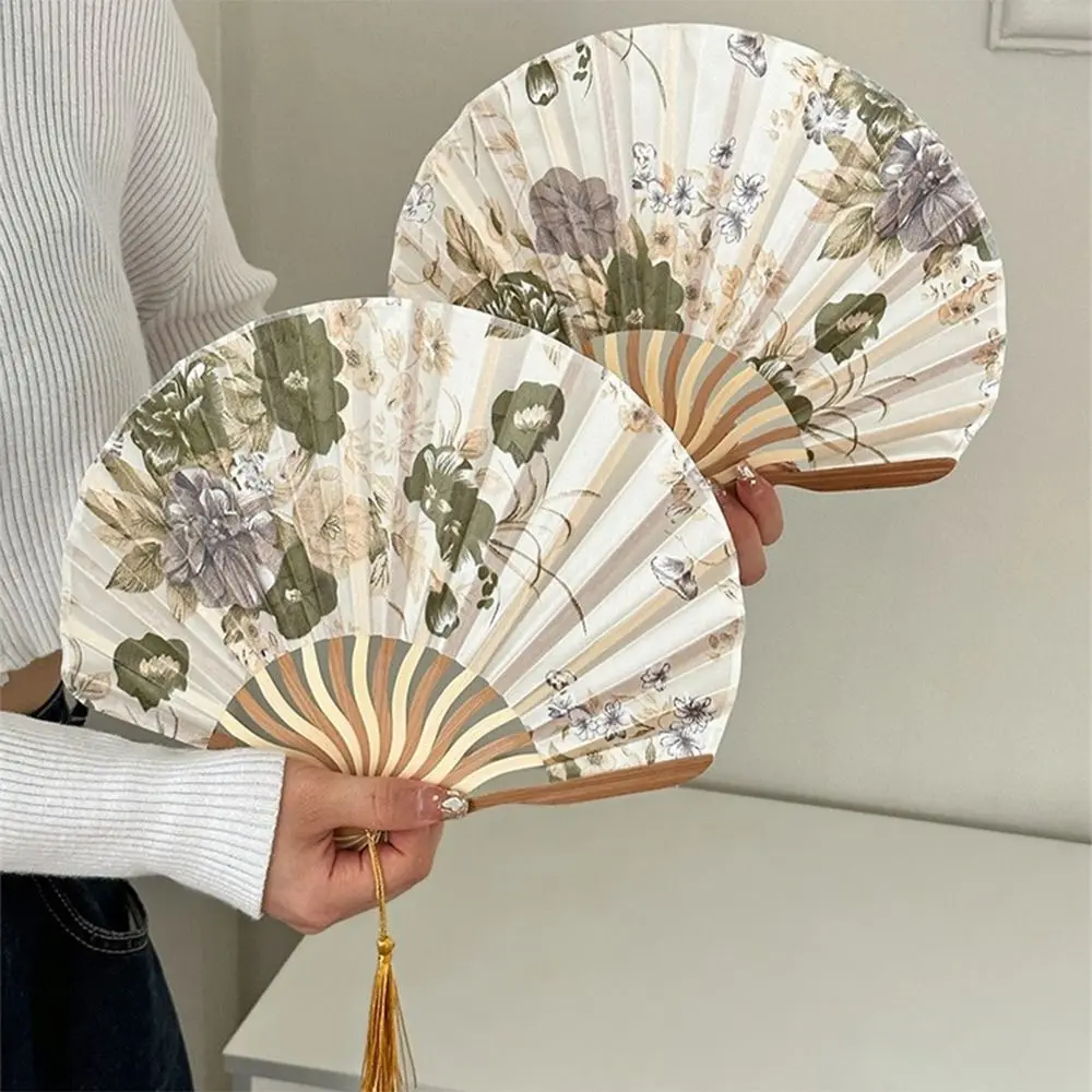 Bamboo Ancient Hand Fan Silk Tassel Elegent Vintage Folding Fan Hand Fan Colorful Shank Classical Dance Fan Hand Fan