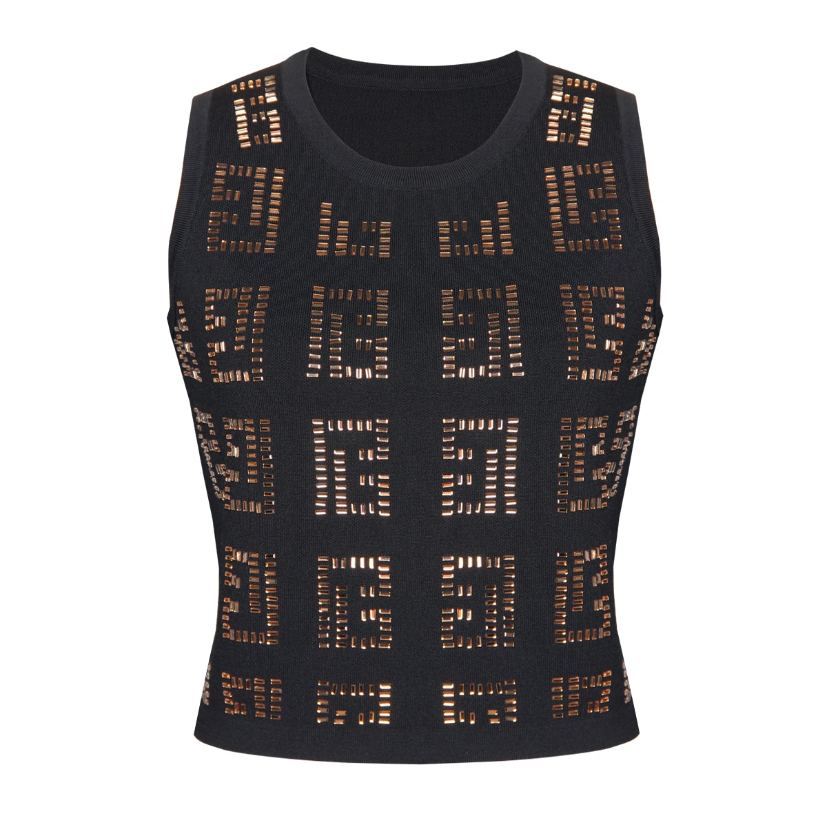 

Summer New Fashionable Commuter Elegant Hot Diamond Short Knitted Versatile Shirt Round Neck Sleeveless T-Shirt Tank Top