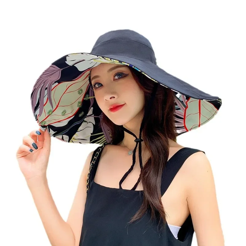 18cm Large Brim Women Summer Double-sided Brim Hat Sun Protection Flower Beach Cap Lady Outdoor Elegant Sunscreen Headgear