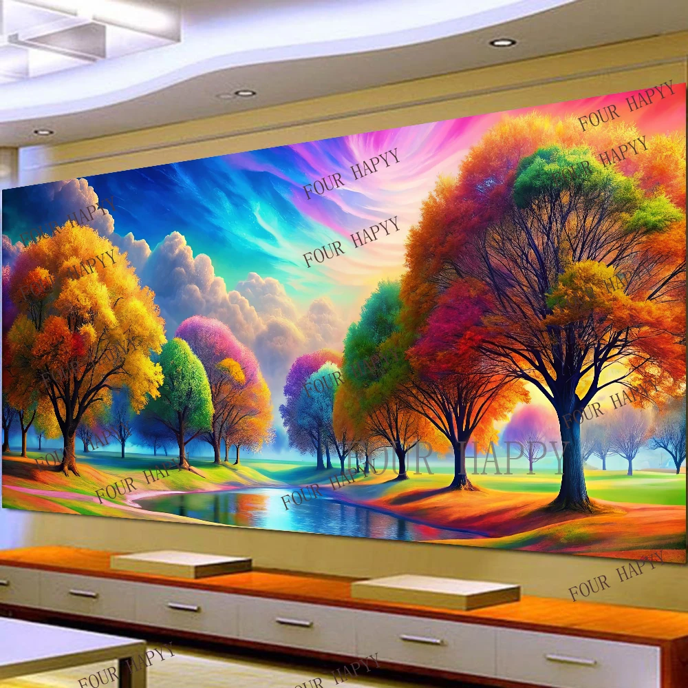 5D DIY Large Diamond Painting Cross Colorful Trees Lake Landscape Wall Art, Full Round Drill, Embroidery Home Decor