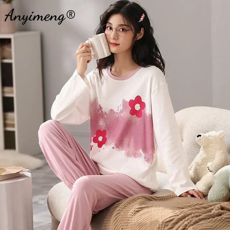 New Autumn Winter Trendy Pajamas Giraffe Printing Women Pijamas Round Collar Sleepwear Nightwear Cotton Loungewear for Girls