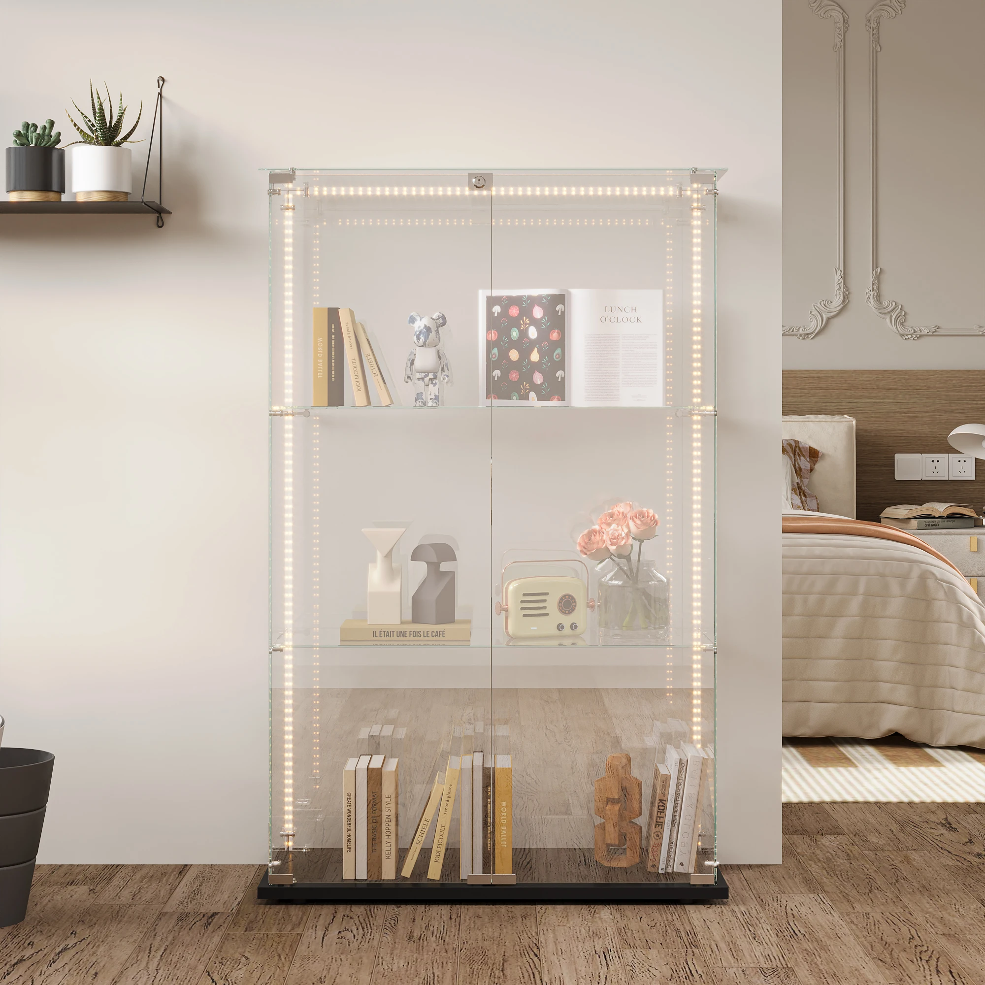 Rosahqnda glazen vitrinekast met één deur, 5 planken, zwarte curiosakasten voor woonkamer, slaapkamer, kantoor, collectiedisplay