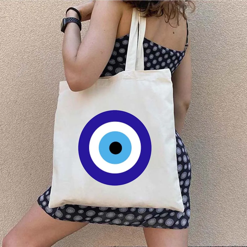 Colorful Evil Eye Charm Circles Greek Graffiti Sun Flower Men Women Canvas Shoulder Tote Bag Shopping Handbags Grocery Beach Bag