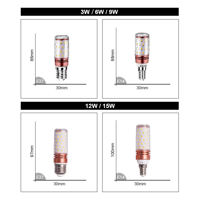 Lámpara Led E14 de 10 piezas y 220V, lámpara de mesa tipo vela E27, 3W, 6W, 9W, 12W, 15W, 240V