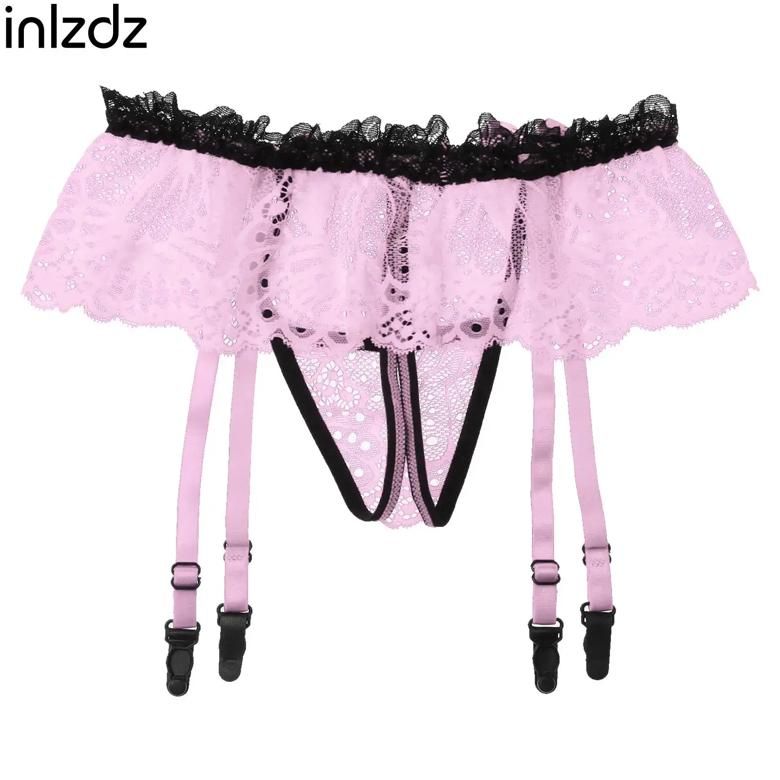 

Men Lace Sissy Thong Panties See-through Skirted Bowknot Elastic Waistband T-Back Adjustable Garter Belt Crotchless G-String