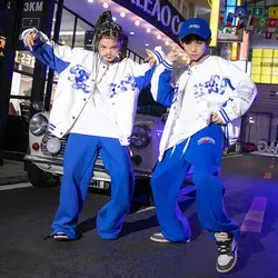 Hip Hop Clothing White Blue 2 Tones Baseball Shirt Casual Street Jogger Pants for Girl Boy Jazz Dance Costume Clothes Kid
