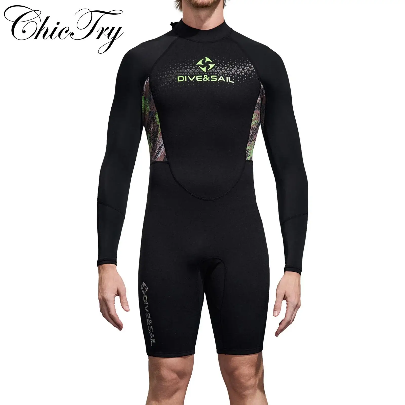 

Mens 1.5mm Neoprene Wetsuit Jumpsuit Swimwear Printed Swimsuit Long Sleeve Swim Bodysuit for Beachwear Snorkeling Surfing Diving