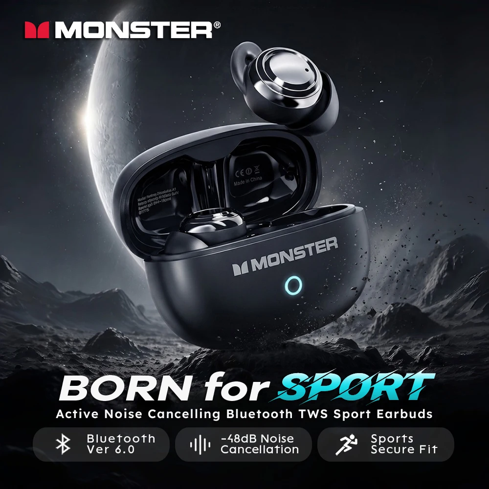 Cuffie Monster Airstar ANC Bluetooth 6.0 -48dB con Cancellazione Attiva del Rumore, Auricolari Wireless TWS con Bassi Profondi per Sport