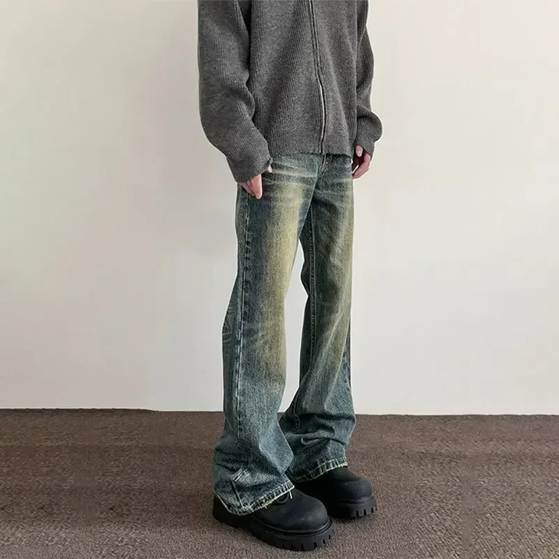

American High Street Washed and Distressed Denim Jeans, Trendy Men's Slightly Flared and Straight Tube Casual Long Pants.