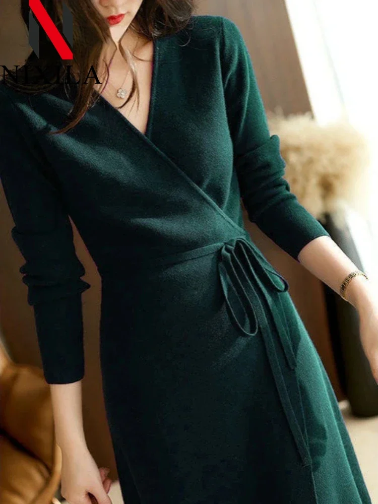 Autumn Winter Knit Womens Sweater Dresses V-neck Wrap Streetwear Korean Fashion Loose Long Sleeves Tops Elegant Female Clothing