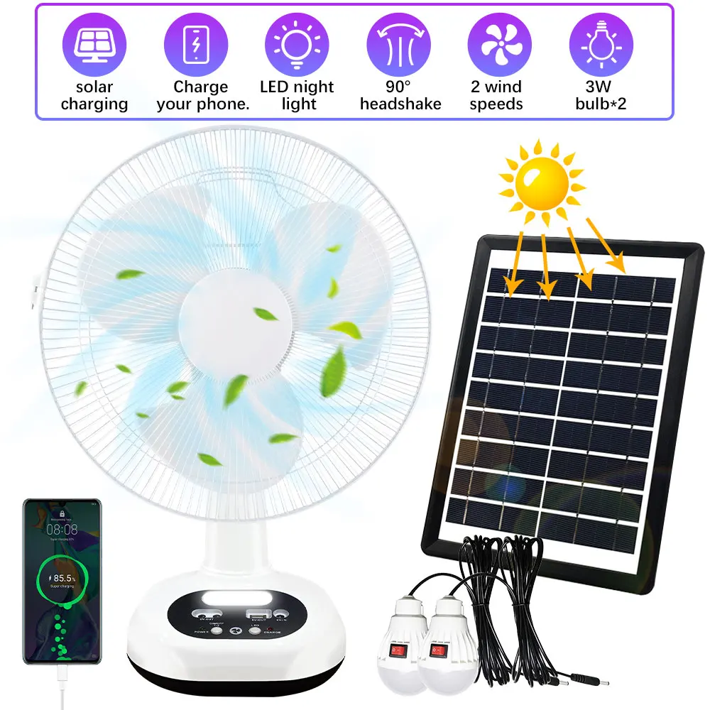 Solar Rechargeable Portable Cold Air Fan Outdoor Floor Table Desk Fan with Led Light,2-speed Remote Control Switch for Bedroom