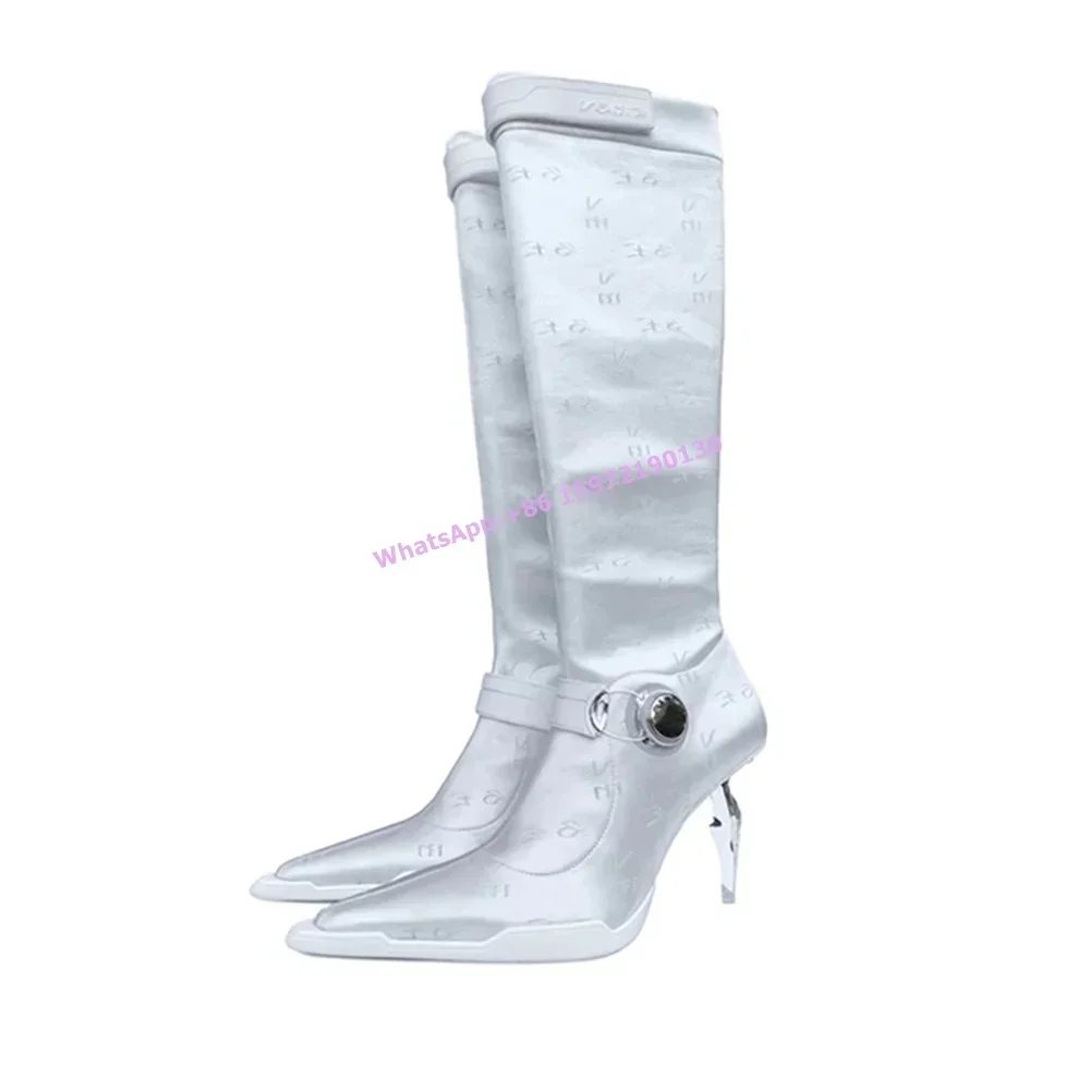 Dagger Heels Sexy Boots Black Buckle Pointy Toe Metal Strange Style Long Boots Fashion Cool Ladies Knee High Stiletto Shoes