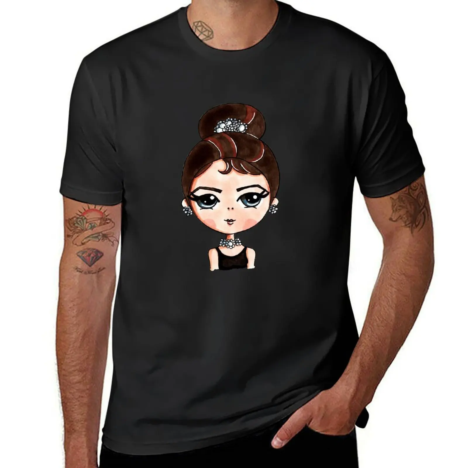 Audrey Hepburn Cartoon Drawing Cute Breakfast at Tiffany's T-Shirt sublime new edition mens vintage t shirts