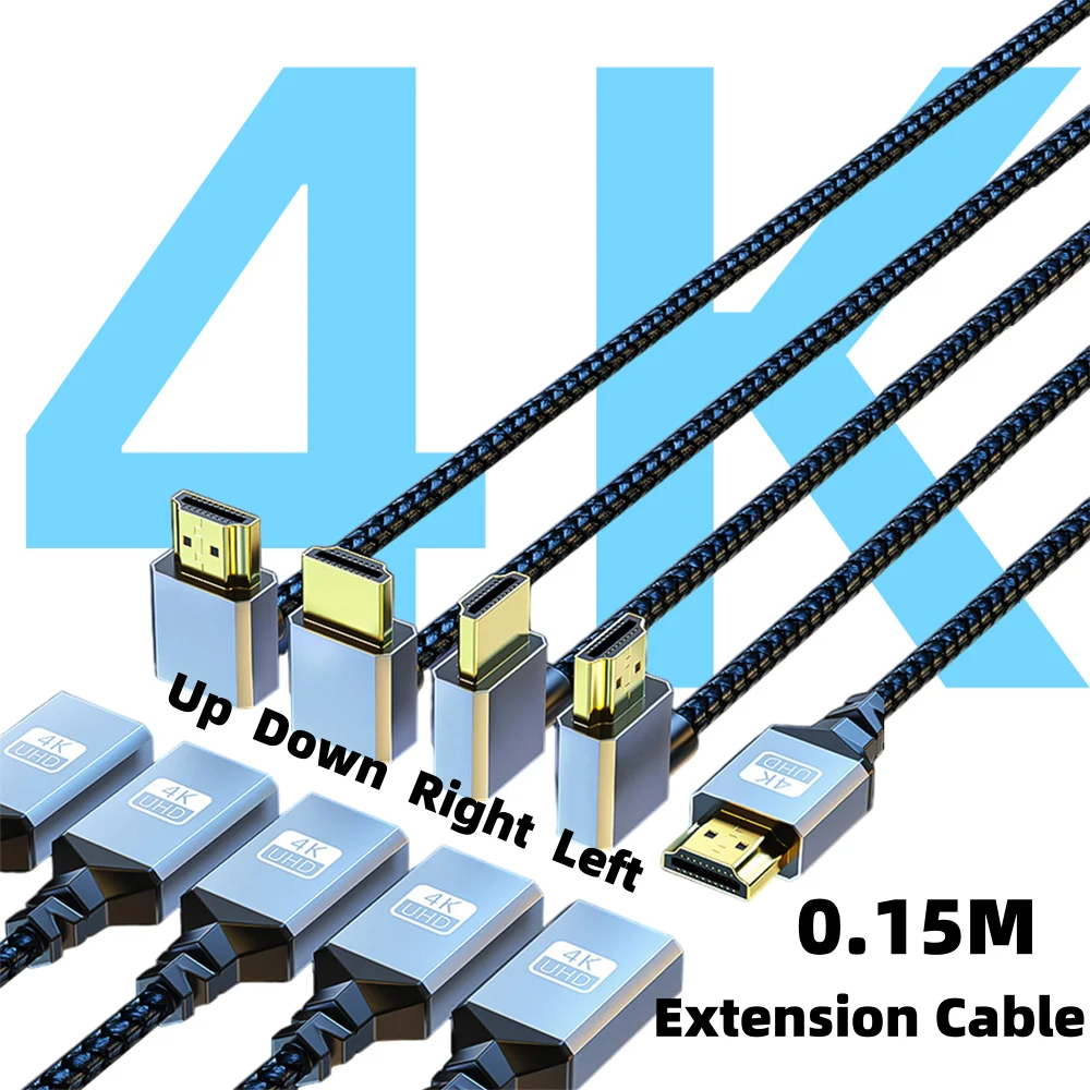 Kabel ekstensi UHD 4K 15cm, kabel ekstensi atas/bawah/kiri/kanan sudut HD pria ke wanita, kabel ekstensi adaptor untuk Laptop PC Xbox PS4 HDTV Monitor