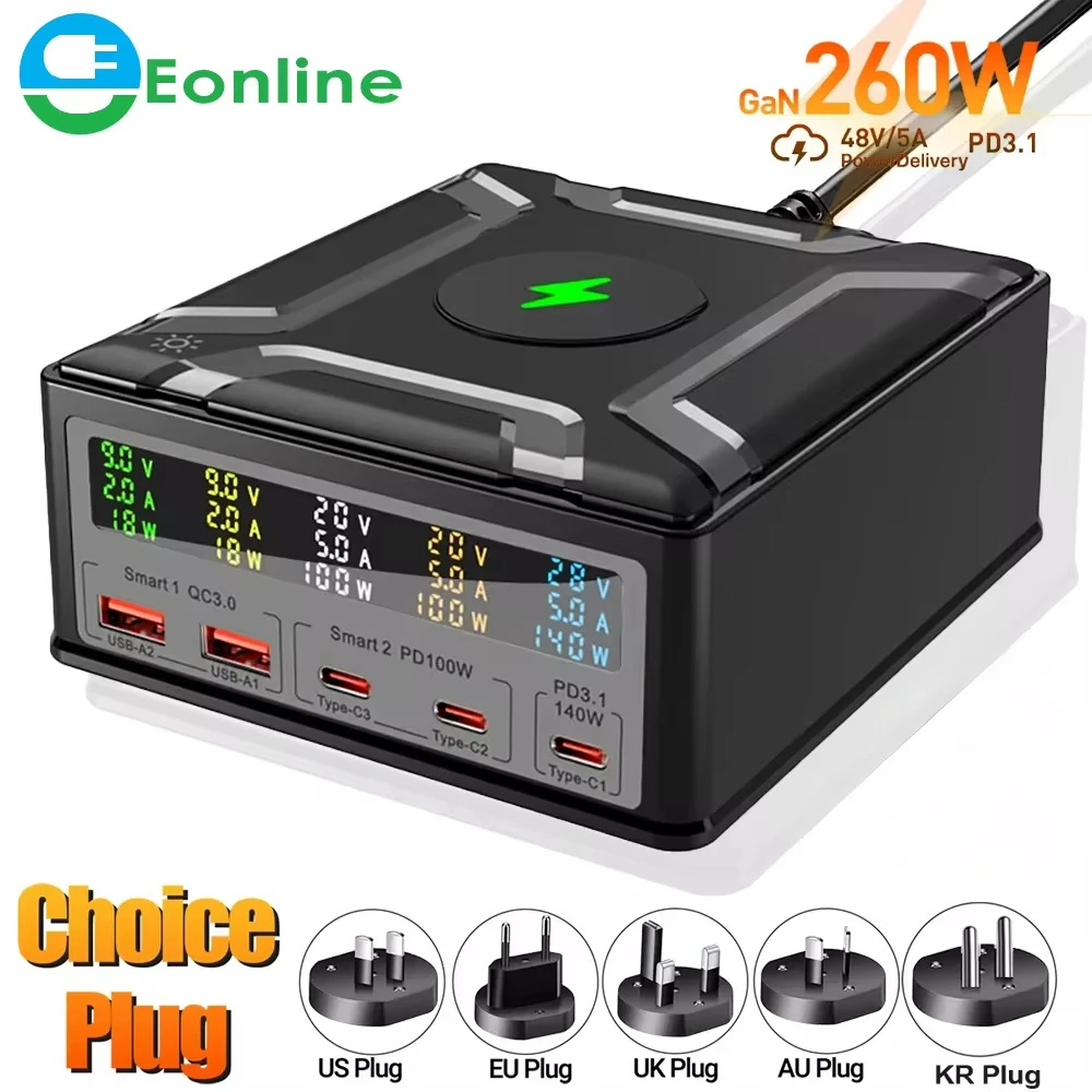 Eonline 3D 260W USB C GaN Charger Wireless Charger PD3.1 QC3.0 Fast Charger PPS 5-Ports Fast Charging for Xiaomi Samsung Laptop