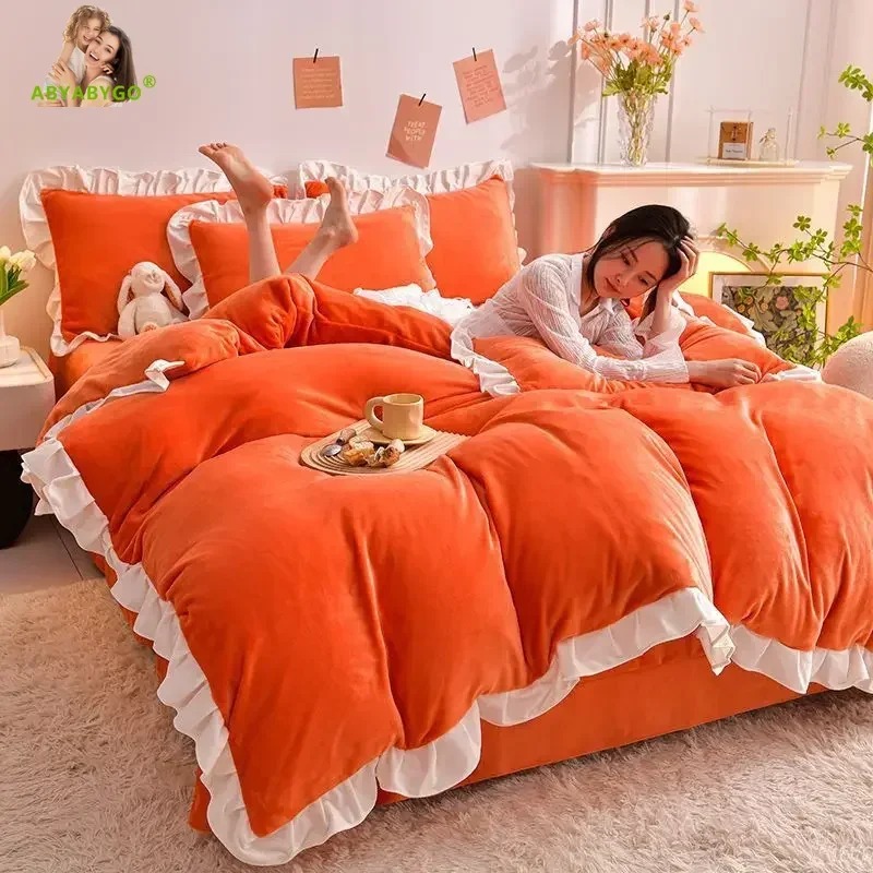 Orange Bedding Set Luxury Winter Warm Thicken Mink Milk Velvet Duvet Cover Bed Sheet Set Girls Flannel Queen Comforter Bed Sets