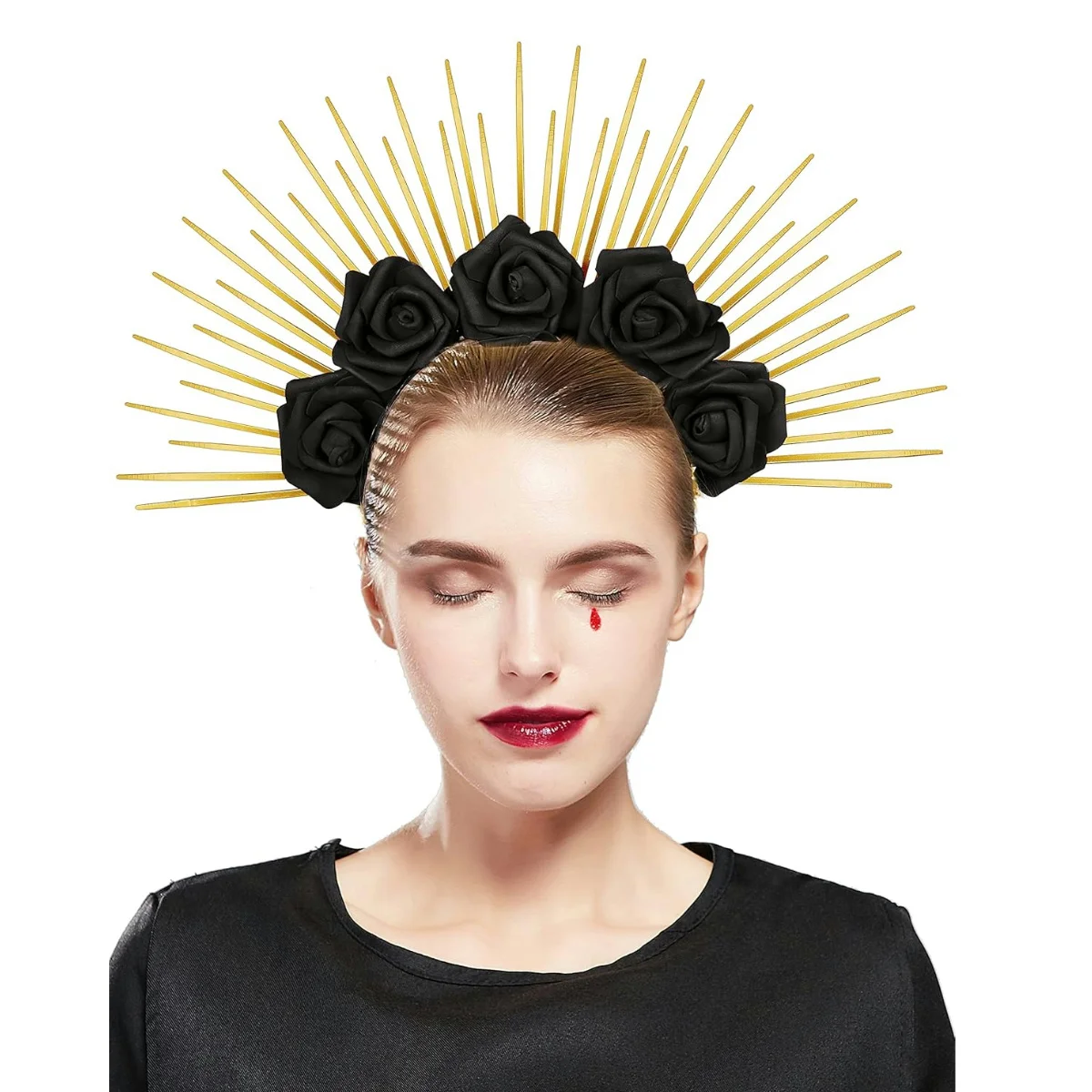 Gothic Halo Crown with Roses,Womens Mexican Flower Goddess flower Spiked Sun Headpiece for Cosplay Halloween Costume