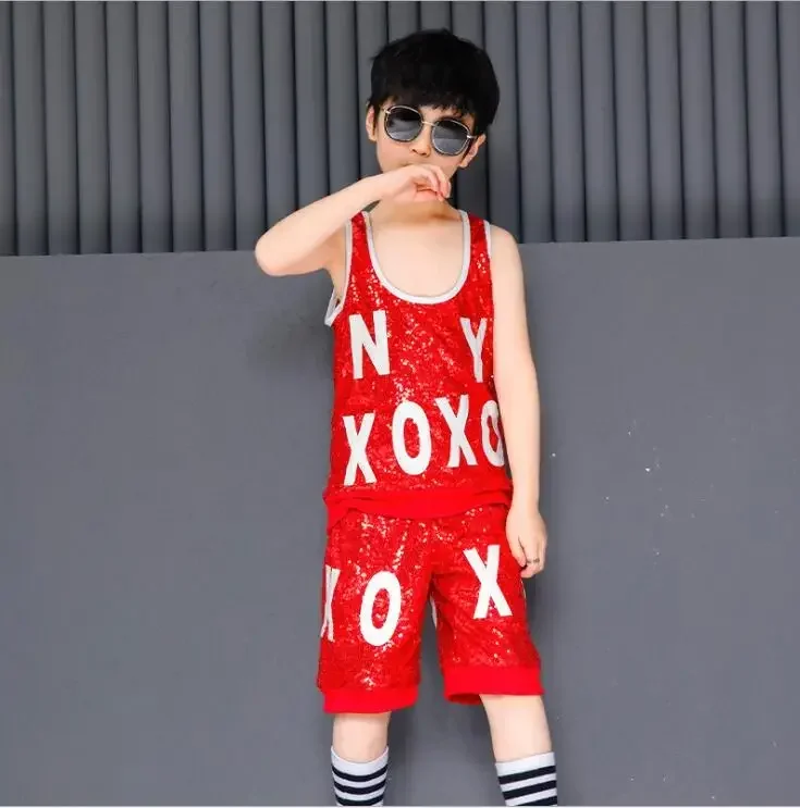 Children Kid Girl Boy Red Flash Sequins Glitter Hip Hop Costume Ballroom Jazz Dance Costume Coat Vest Pants Clothes Clothing