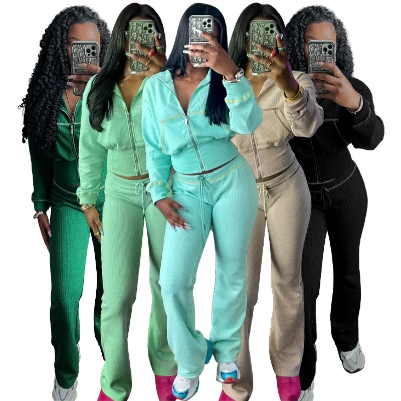 여성 Tracksuits 2 조각 세트 가을 겨울 패션 긴 소매 운동 와플 니트 스웨터와 플레어 바지 캐주얼 Sweatsuits