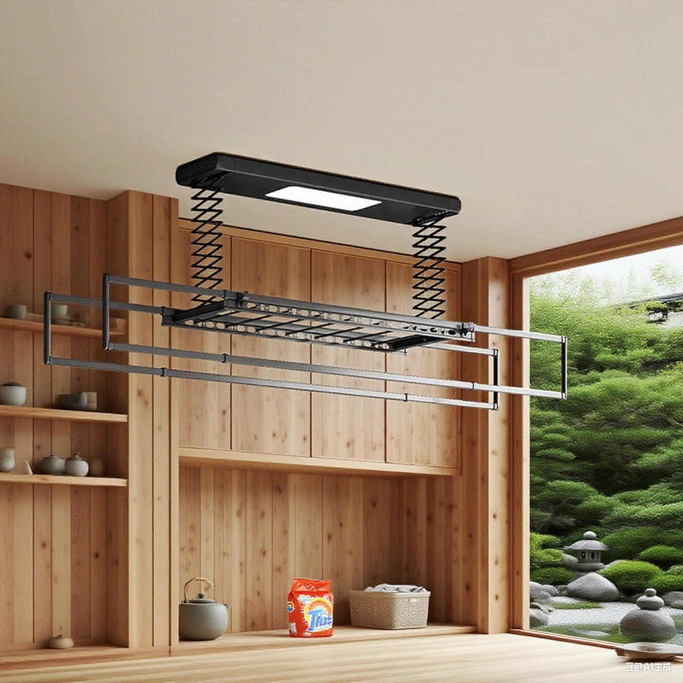 Rack de secagem de teto de varanda integrado ultrafino com operação inteligente ativada por voz