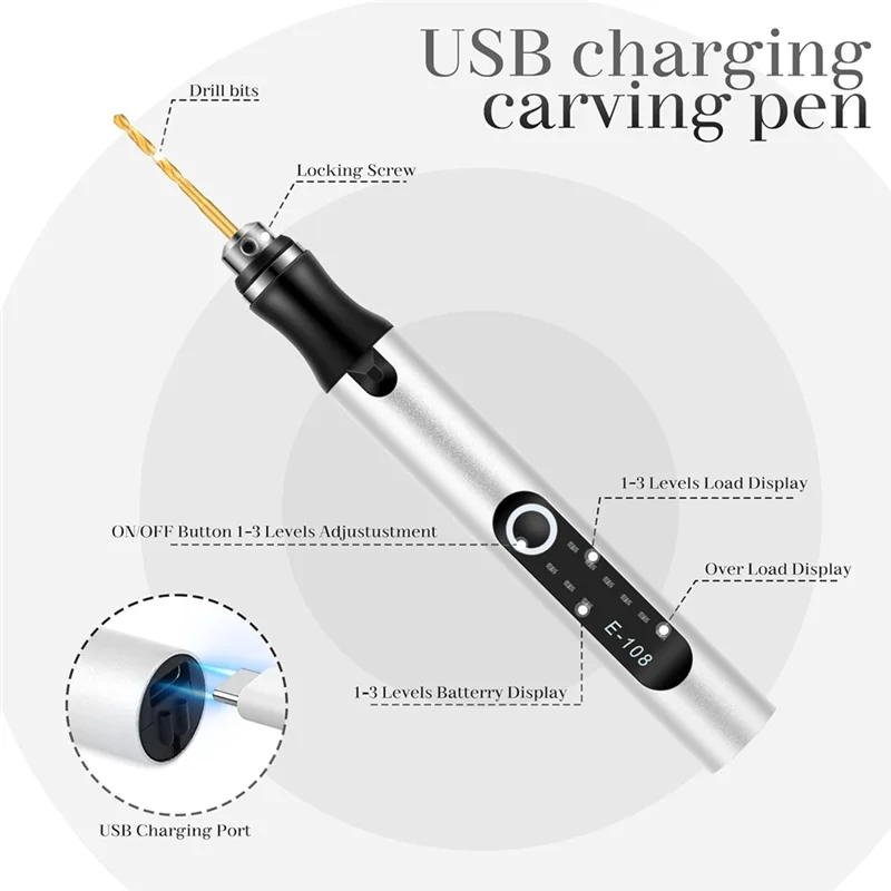 AT21-Overload Protection Electric For Wood, Metal Glass Engraving Pen With USB-C Charging, 3-Speed Settings, For Beginners