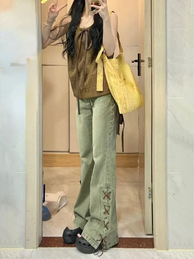 Harajuku Streetwear Y2K Retro Fashion Women High Waist Jeans Green Design Wide Leg Straight Loose Denim Trousers Baggy Pants