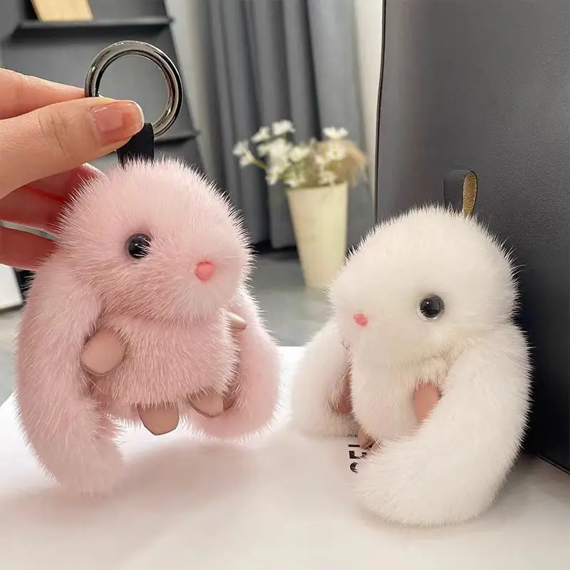 

Mini Fluffy Mink Fur Lop-eared Rabbit Keychain Plush Bunny Handbag Charm Car Key Ring Pendant