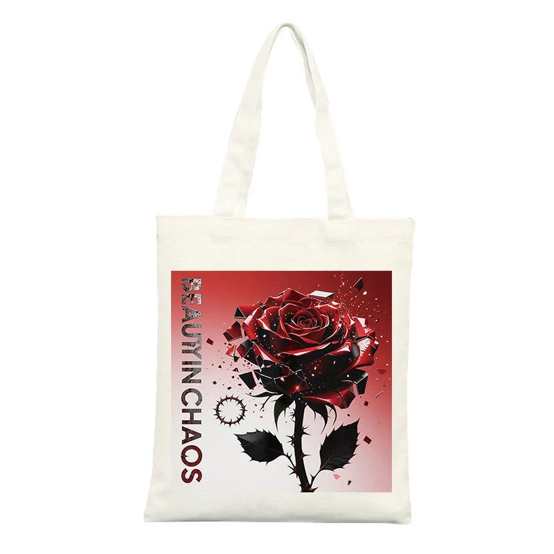 Canvas Tote Bag with Red Rose and Geometric Shard Print, Artistic Street-style for Casual Shopping and Daily Use