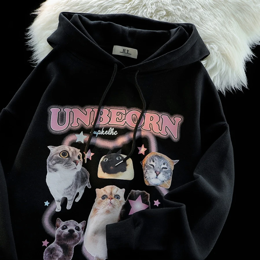 American Funny Stars Cat Graphic Hoodies Men Women Aesthetic Cartoon Sweatshirt Loose Oversized Teenage Students Kawaii Clothes