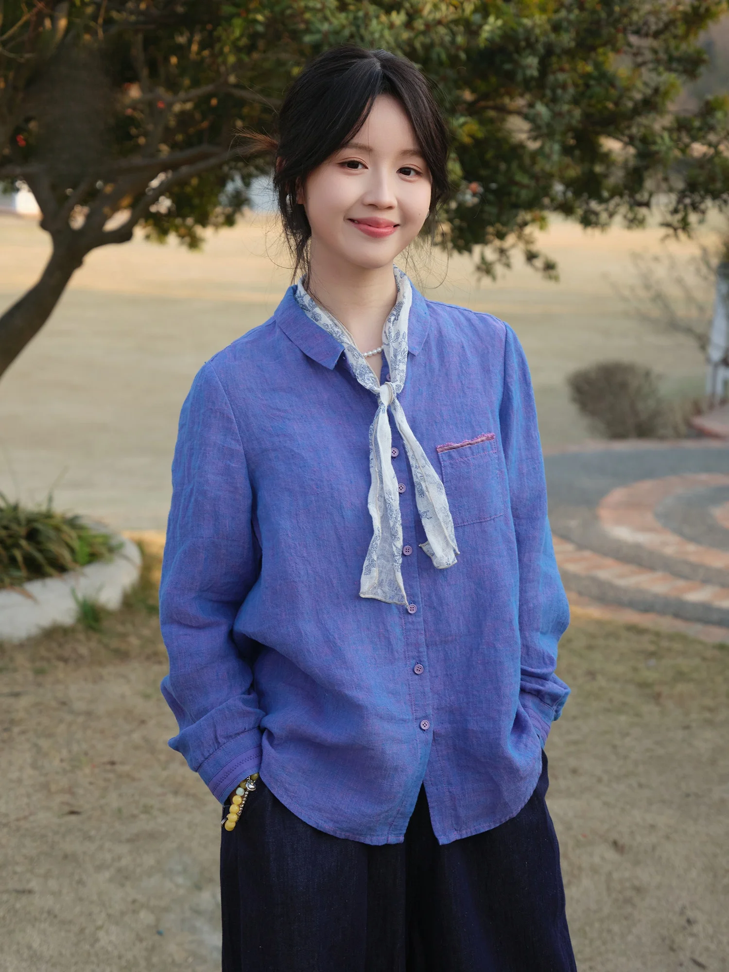 

Spring Stretch A1237 City Forgotten Hanflax Linen Shirt Correct Shoulder Slim Fit Top Women's Loose Style Long Sleeve Button