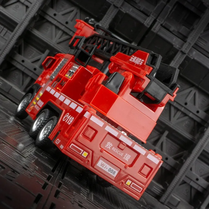 1/50 modelo de brinquedo de carro de motor de incêndio com escada de luz sonora roda de caminhão de bombeiros puxar para trás sprinkler veículo de resgate meninos decoração presentes