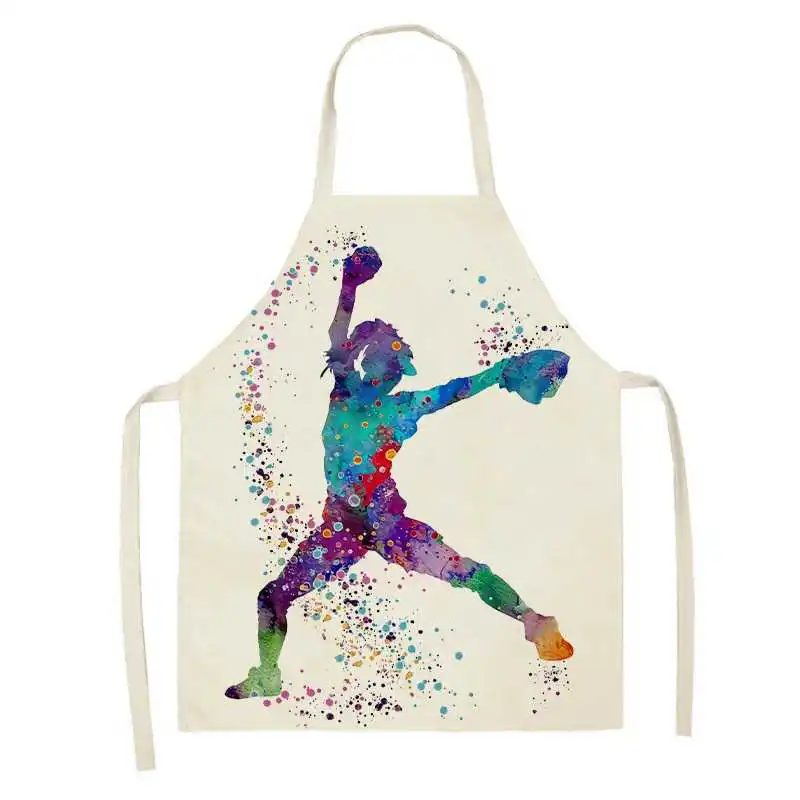 1Pcs Colorful Girls Sport Pattern Printed Home Apron Women Linen Sleeveless Antifouling Kitchen Apron Home Cleaning Tools Bib