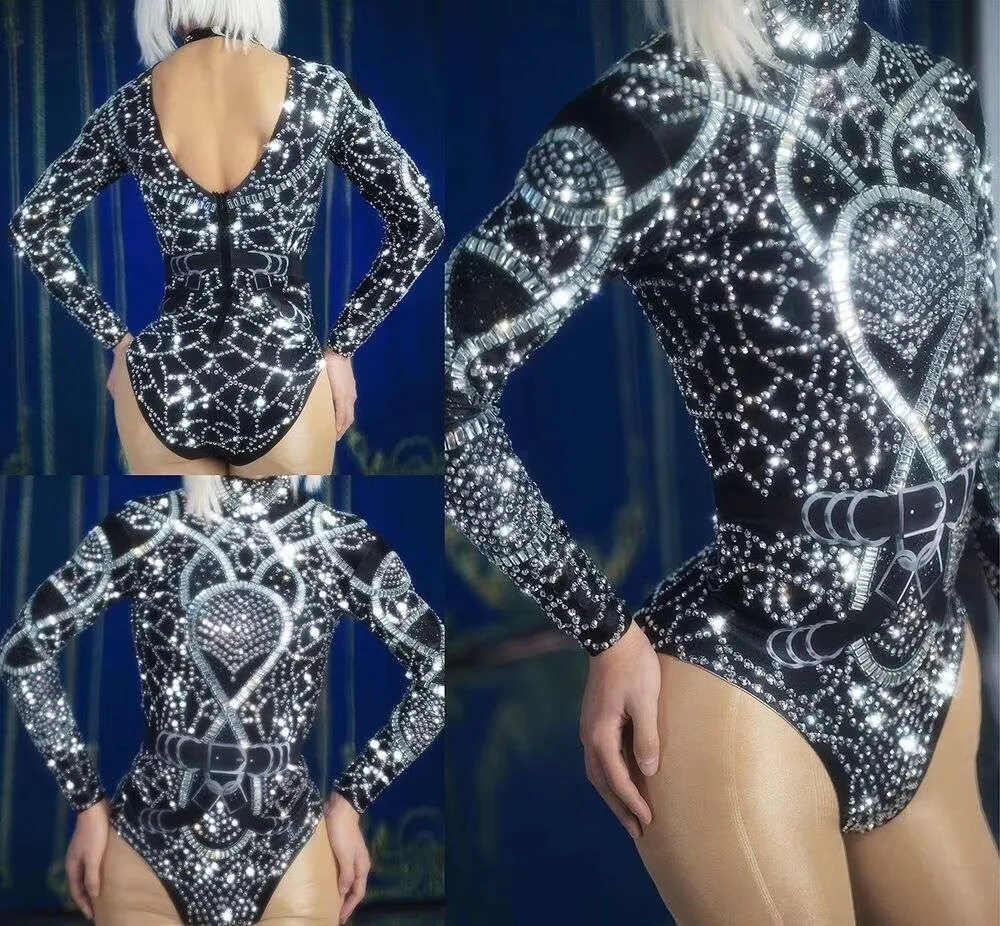 Sexy Sparkly Rhinestones Bodysuits para mulheres, aniversário comemorado, festa à noite, cantor de boate, trajes de dança