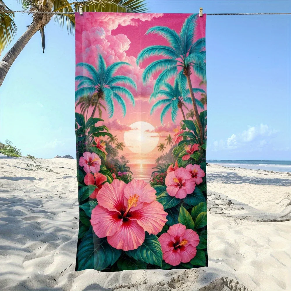 A Tropical Hawaiian Beach Towel - Quick-Drying Large Bath Towel with a Pink Hibiscus Flower And Palm Tree Design