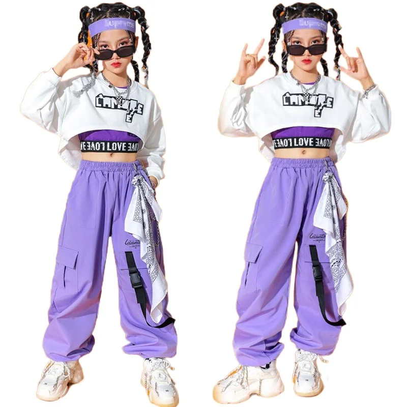 

Kids Teen Outfits Clothing for Girls Sweatshirt Crop Top Long Sleeve Shirt Tank Cargo Pants Child Dance Hip Hop Costume