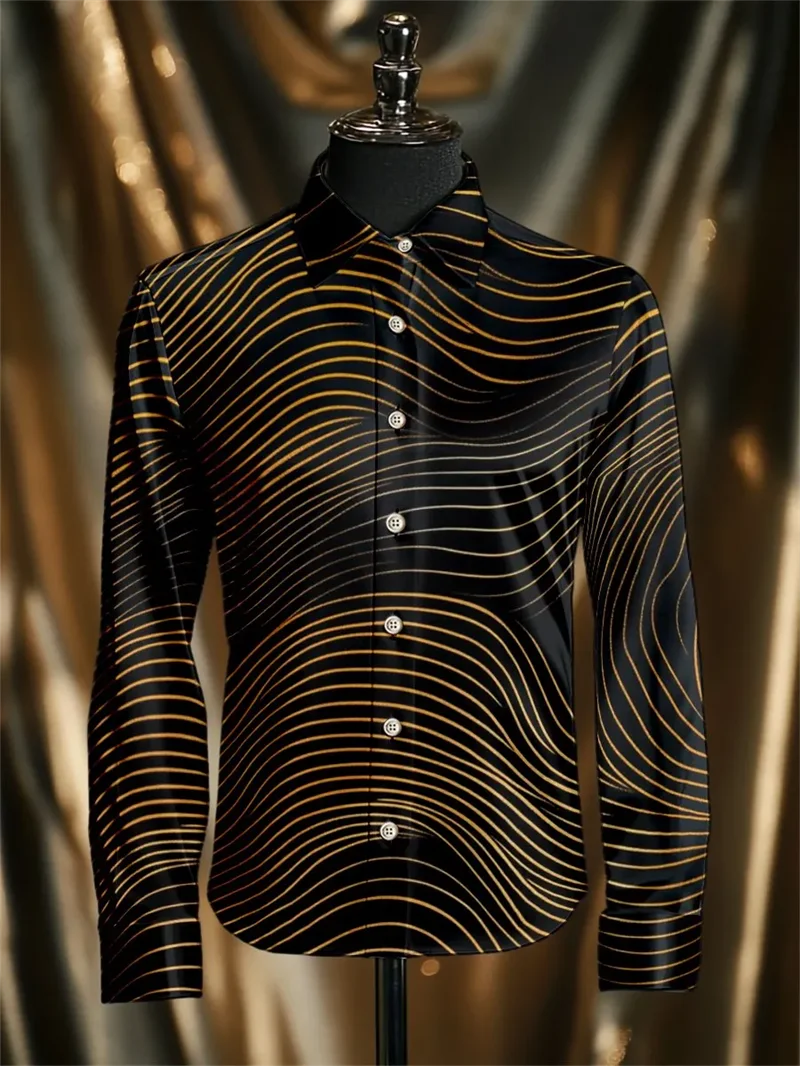 

New men's long sleeved shirt with gold 3D line printing technology, fashionable patterns, luxurious shirt style